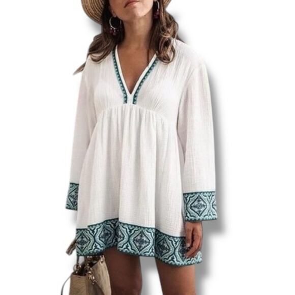 Zara Size M White Green Embroidered Cotton Gauze Mini Dress Boho Swim Cover $129 - Picture 1 of 6
